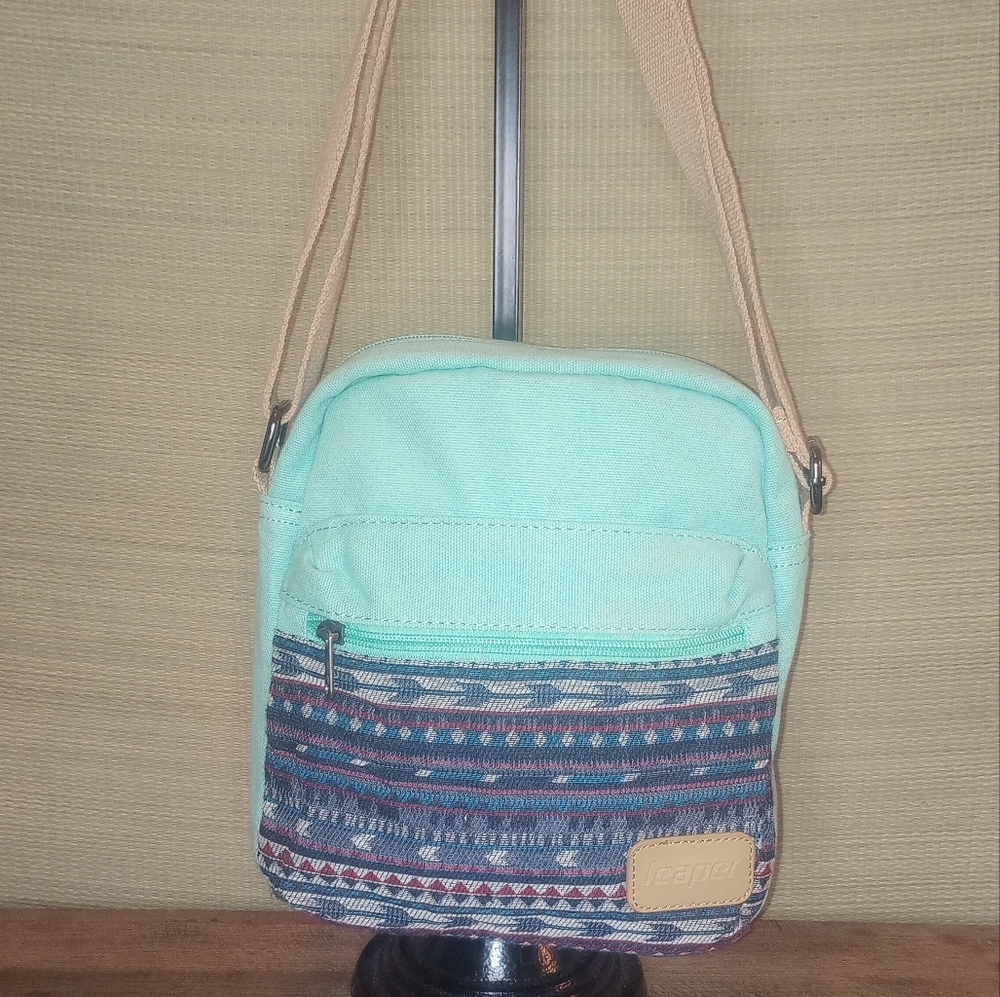 LEAPER Crossbody Messenger  Canvas Bag Mint Green Turquoise Southwestern Style